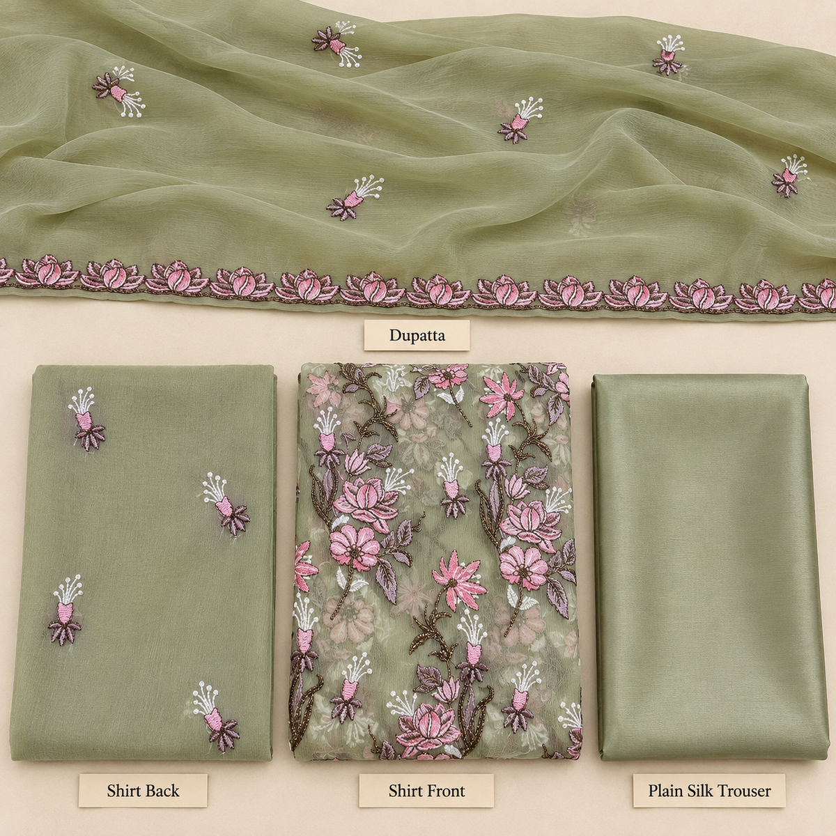 Sage Green Pink Lotus Floral Embroidered Chiffon 3 Piece Unstitched Suit