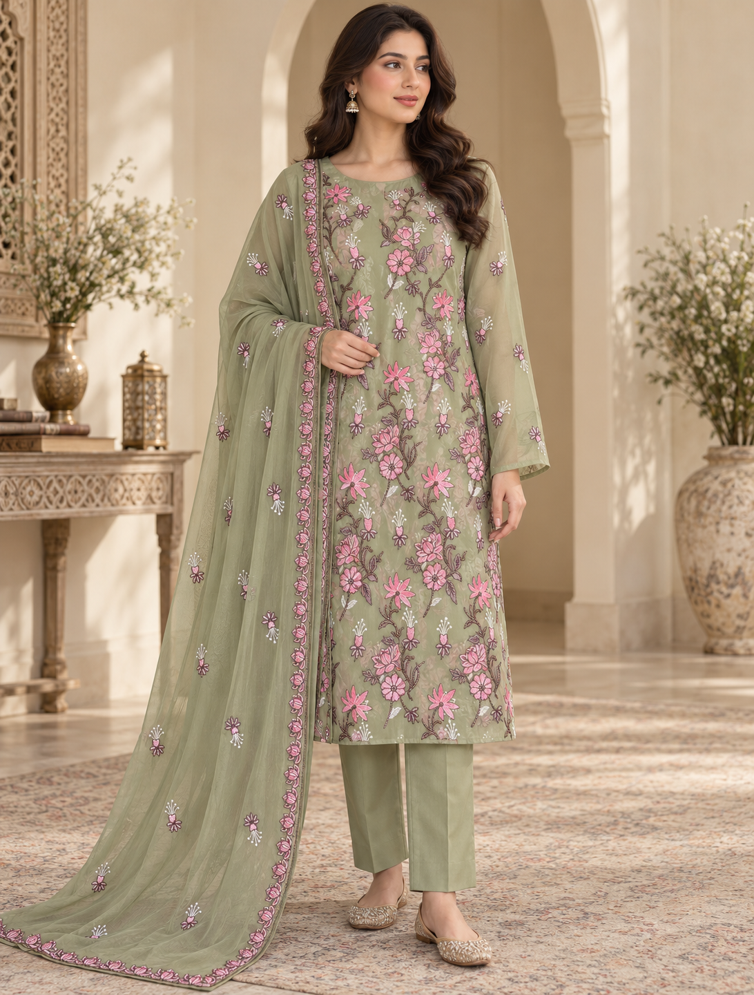Sage Green Pink Lotus Floral Embroidered Chiffon 3 Piece Unstitched Suit