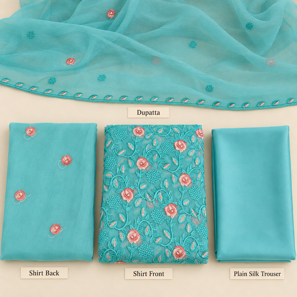 Aqua Blue Coral Pink Floral Embroidered Chiffon 3 Piece Unstitched Suit