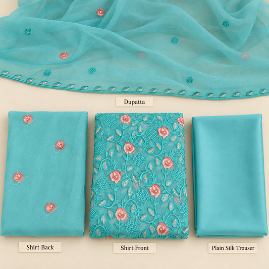 Aqua Blue Coral Pink Floral Embroidered Chiffon 3 Piece Unstitched Suit