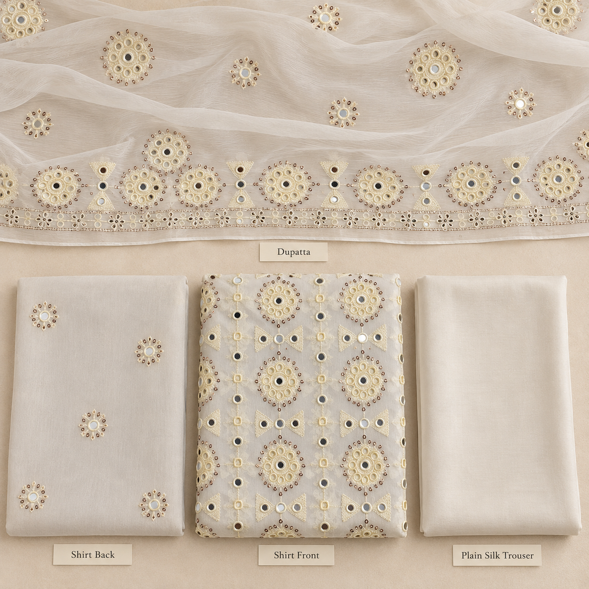 Ivory White Golden Mirror Work Embroidered Chiffon 3 Piece Unstitched Suit