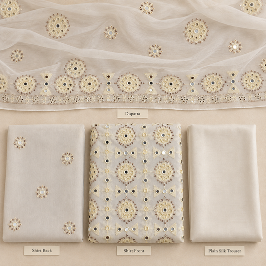 Ivory White Golden Mirror Work Embroidered Chiffon 3 Piece Unstitched Suit