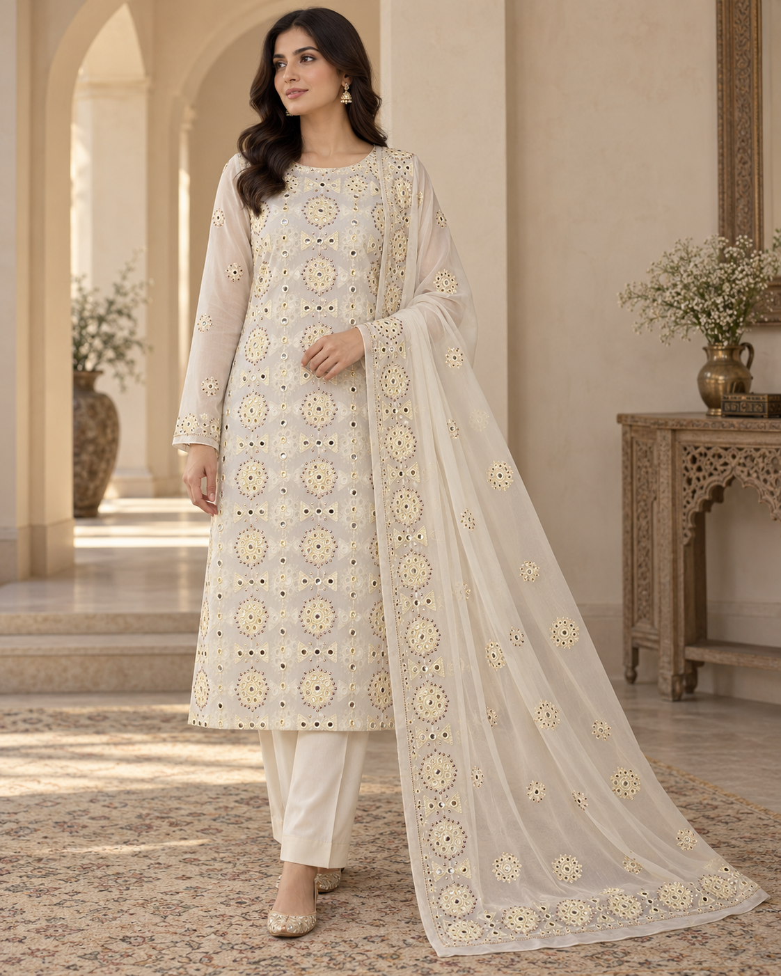 Ivory White Golden Mirror Work Embroidered Chiffon 3 Piece Unstitched Suit