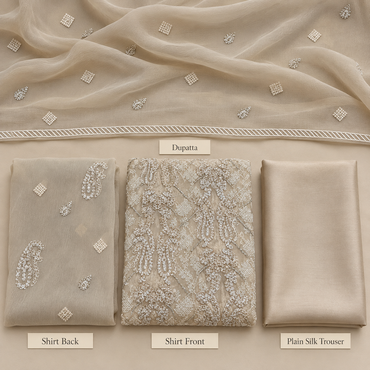 Champagne Beige Silver Paisley Embroidered Chiffon 3 Piece Unstitched Suit