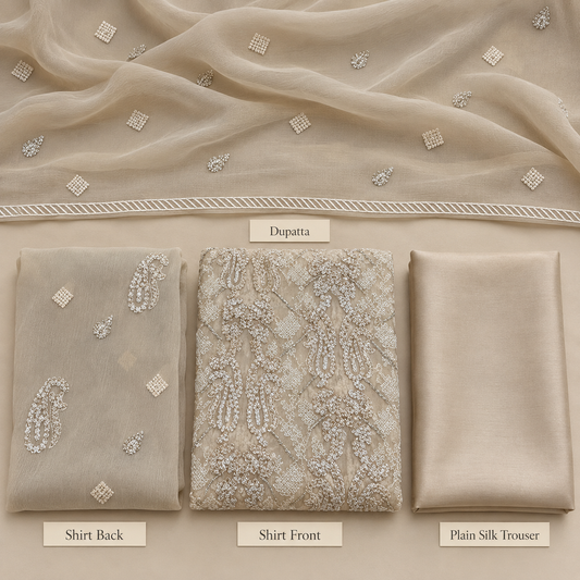 Champagne Beige Silver Paisley Embroidered Chiffon 3 Piece Unstitched Suit
