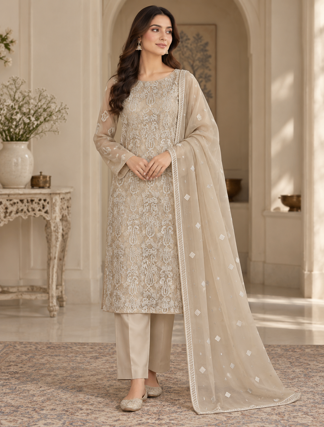 Champagne Beige Silver Paisley Embroidered Chiffon 3 Piece Unstitched Suit