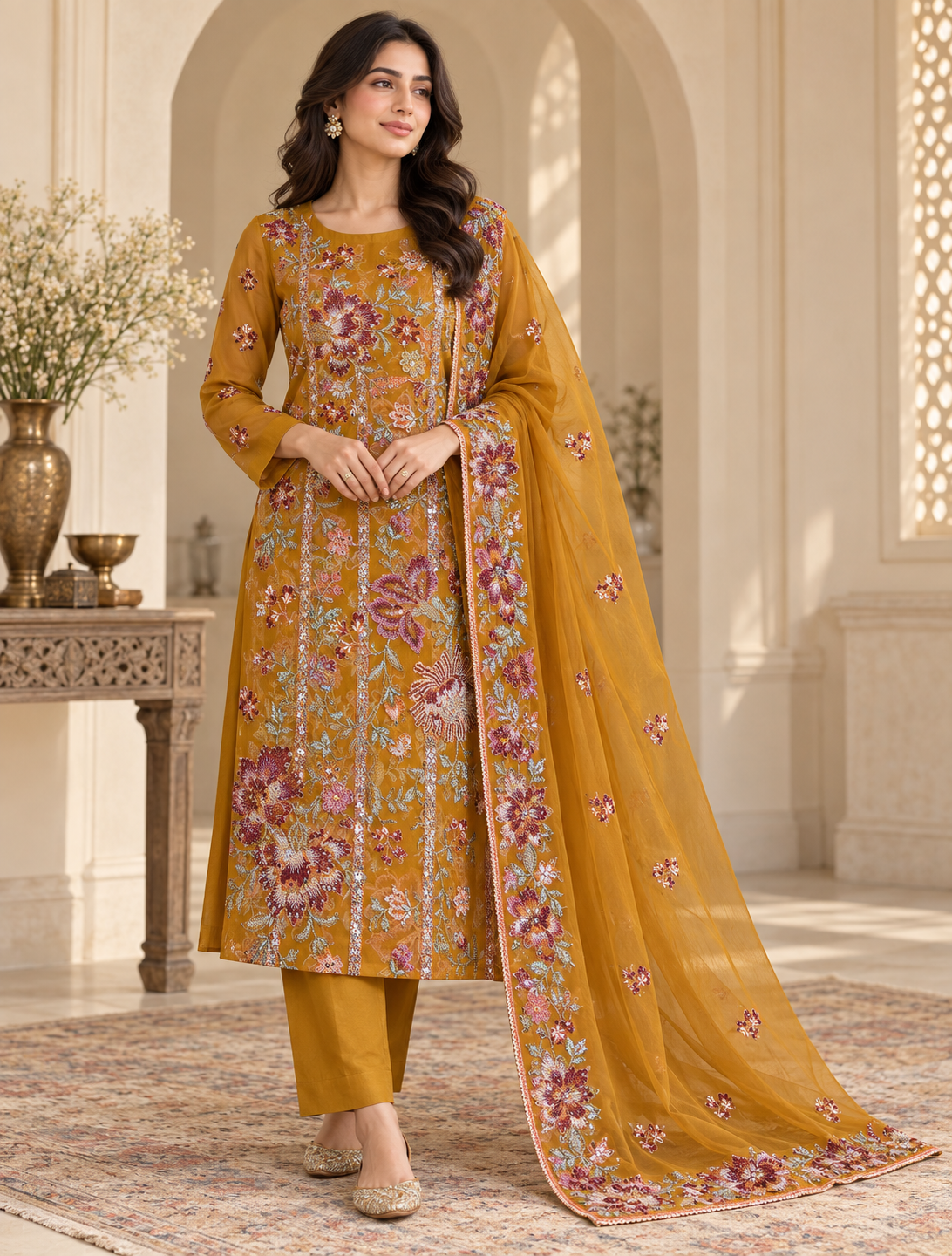 Mustard Gold Multicolor Floral Embroidered Chiffon 3 Piece Unstitched Suit