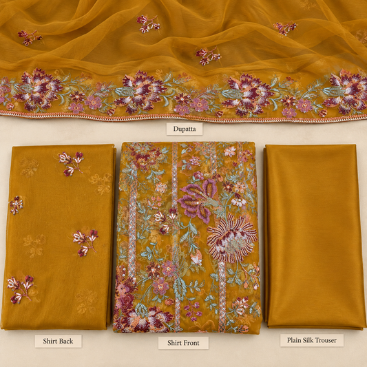 Mustard Gold Multicolor Floral Embroidered Chiffon 3 Piece Unstitched Suit