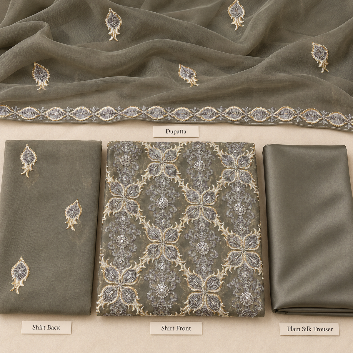 Olive Grey Embroidered Chiffon 3 Piece Unstitched Suit