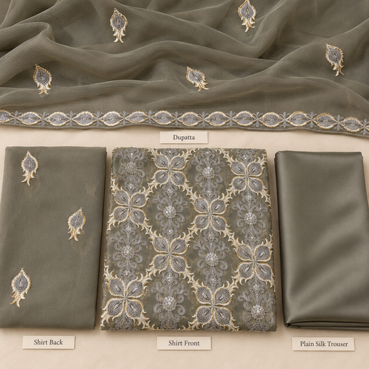 Olive Grey Embroidered Chiffon 3 Piece Unstitched Suit