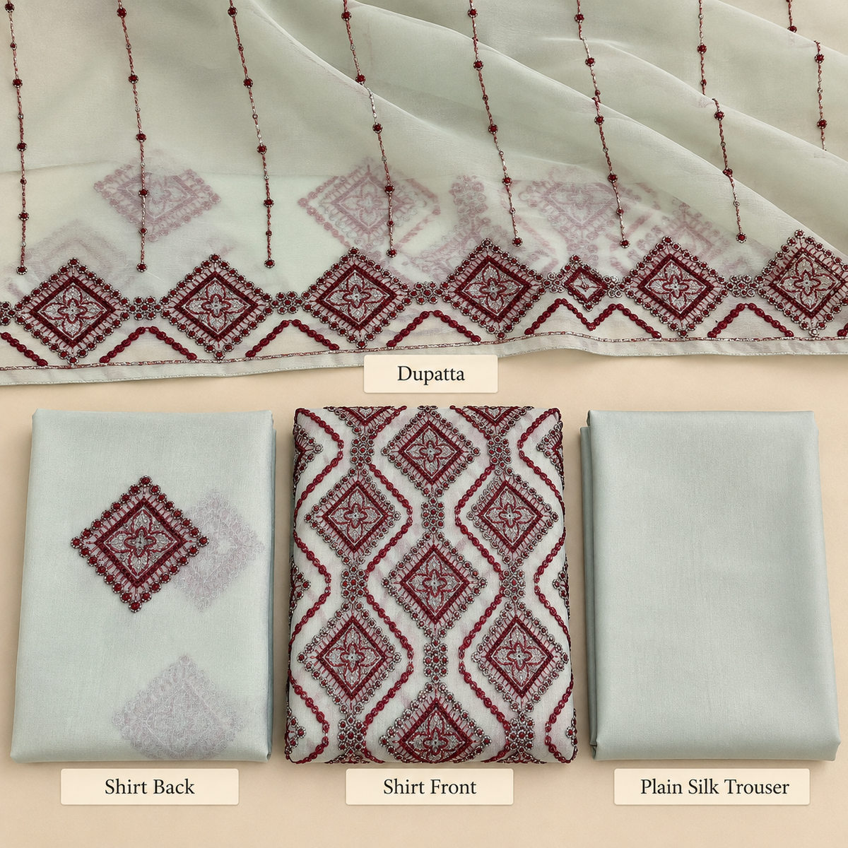 Ivory White Maroon Geometric Embroidered Chiffon 3 Piece Unstitched Suit
