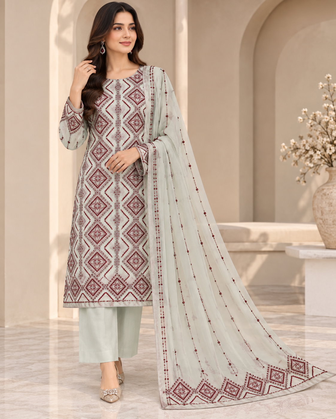 Ivory White Maroon Geometric Embroidered Chiffon 3 Piece Unstitched Suit