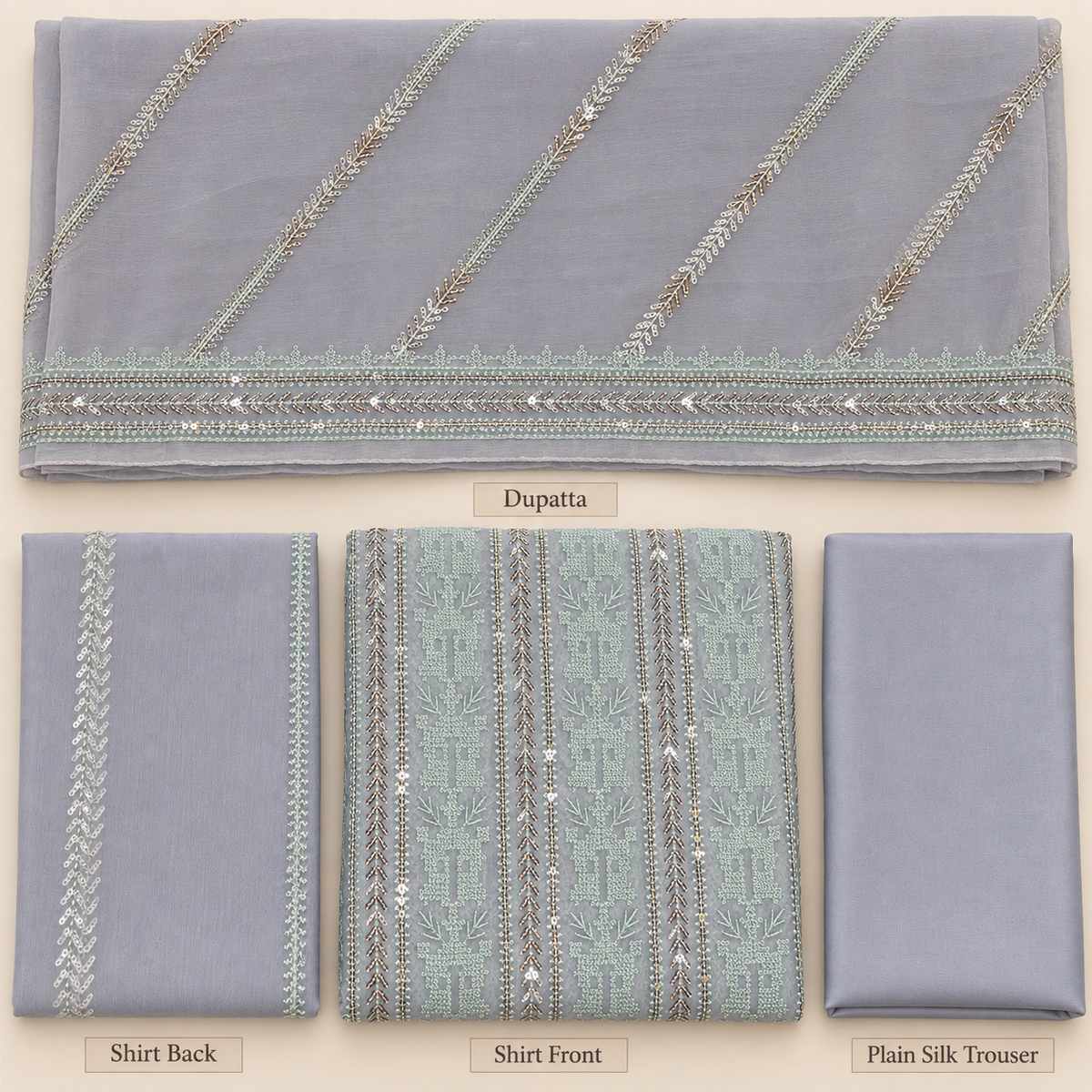 Dusty Lavender Silver and Mint Embroidered Chiffon 3 Piece Unstitched Suit
