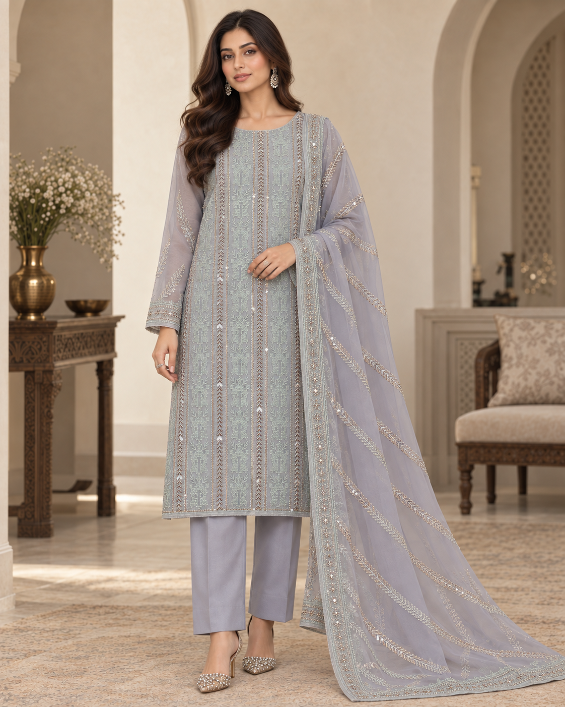 Dusty Lavender Silver and Mint Embroidered Chiffon 3 Piece Unstitched Suit