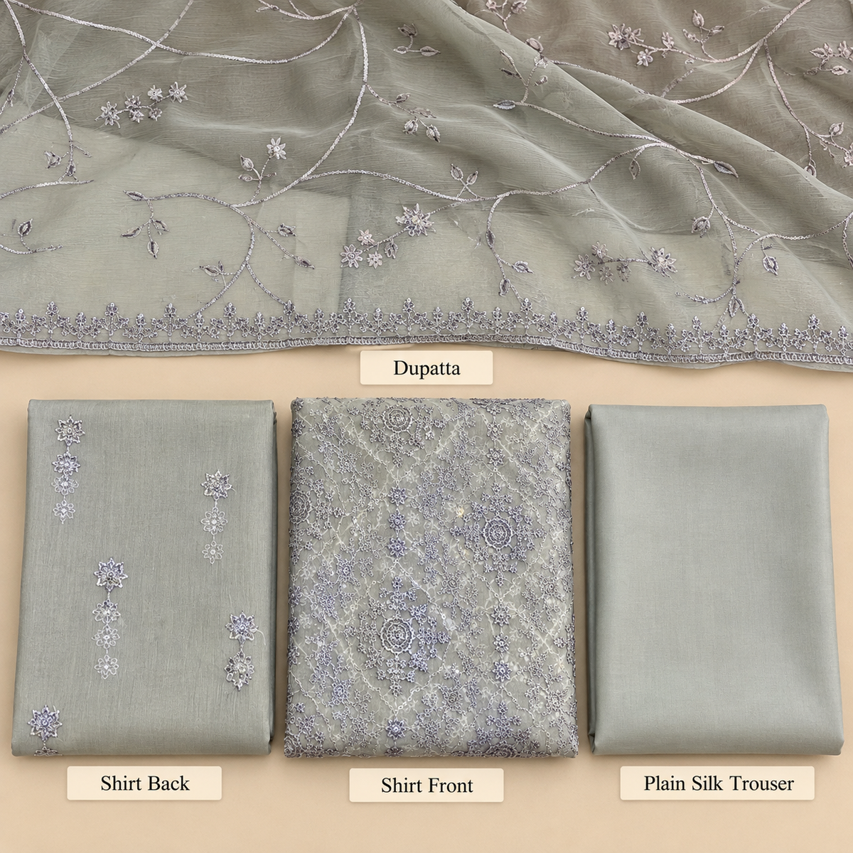 Sage Grey Lavender Floral Embroidered Chiffon 3 Piece Unstitched Suit