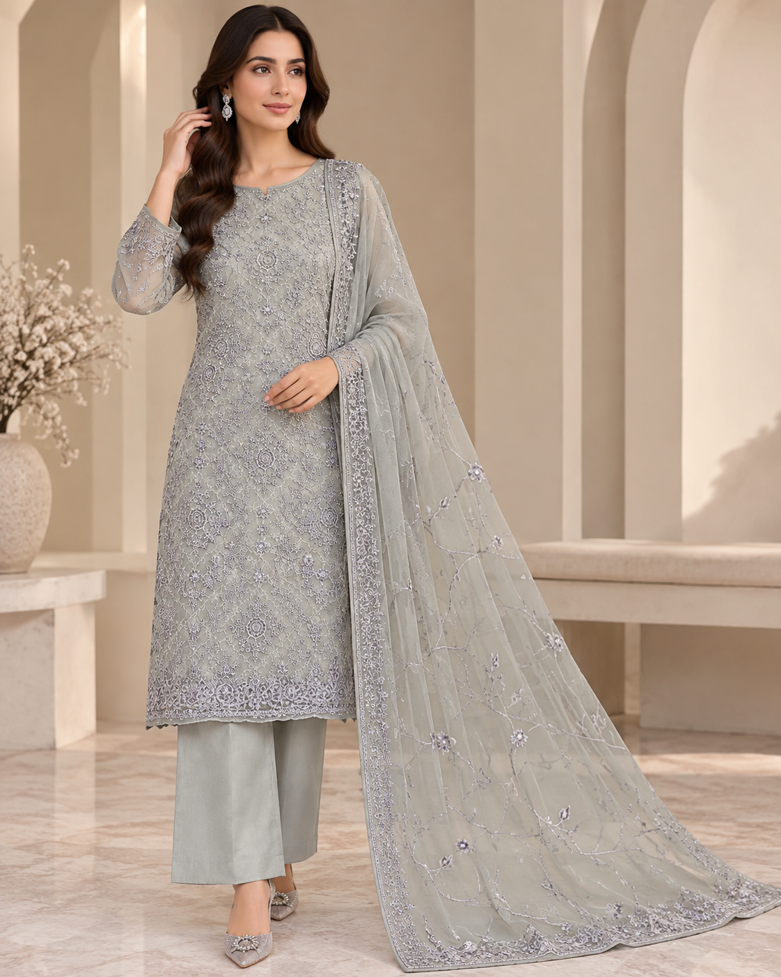 Sage Grey Lavender Floral Embroidered Chiffon 3 Piece Unstitched Suit
