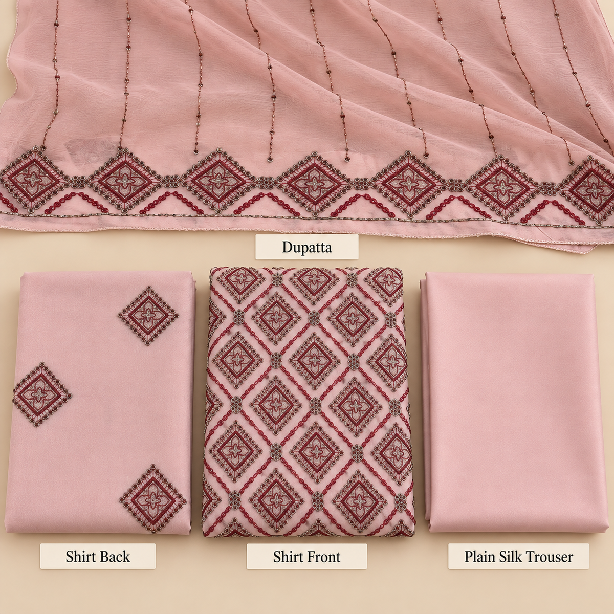 Blush Pink Maroon Geometric Embroidered Chiffon 3 Piece Unstitched Suit