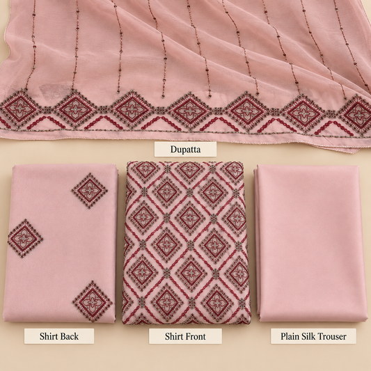 Blush Pink Maroon Geometric Embroidered Chiffon 3 Piece Unstitched Suit