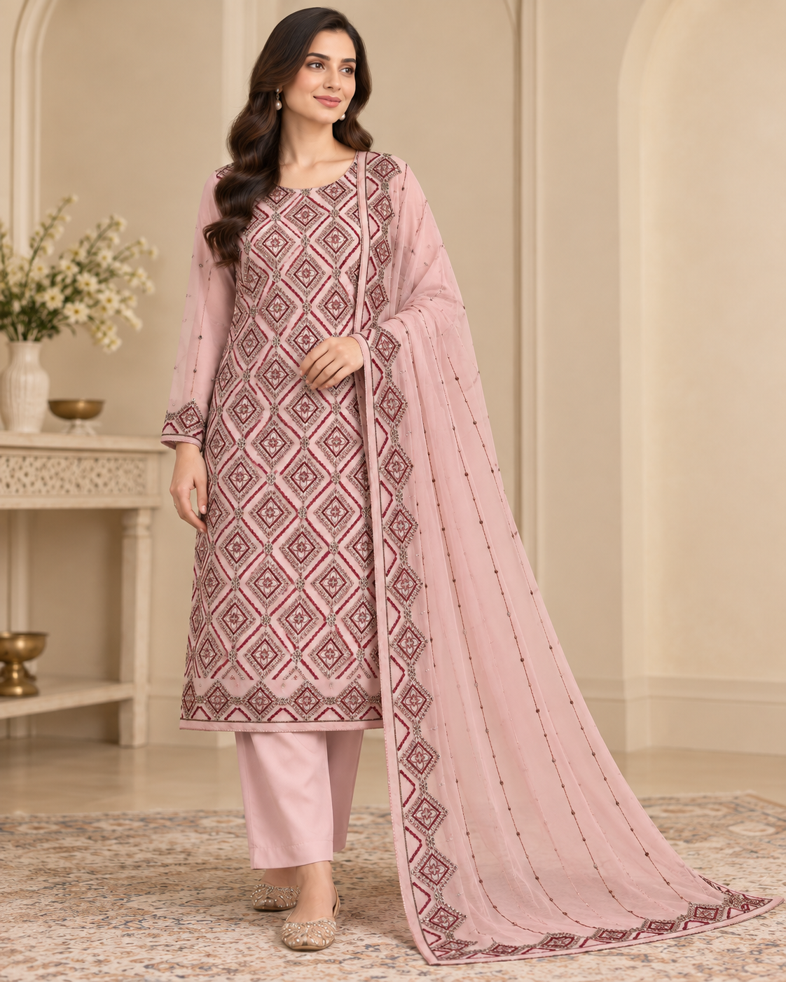 Blush Pink Maroon Geometric Embroidered Chiffon 3 Piece Unstitched Suit