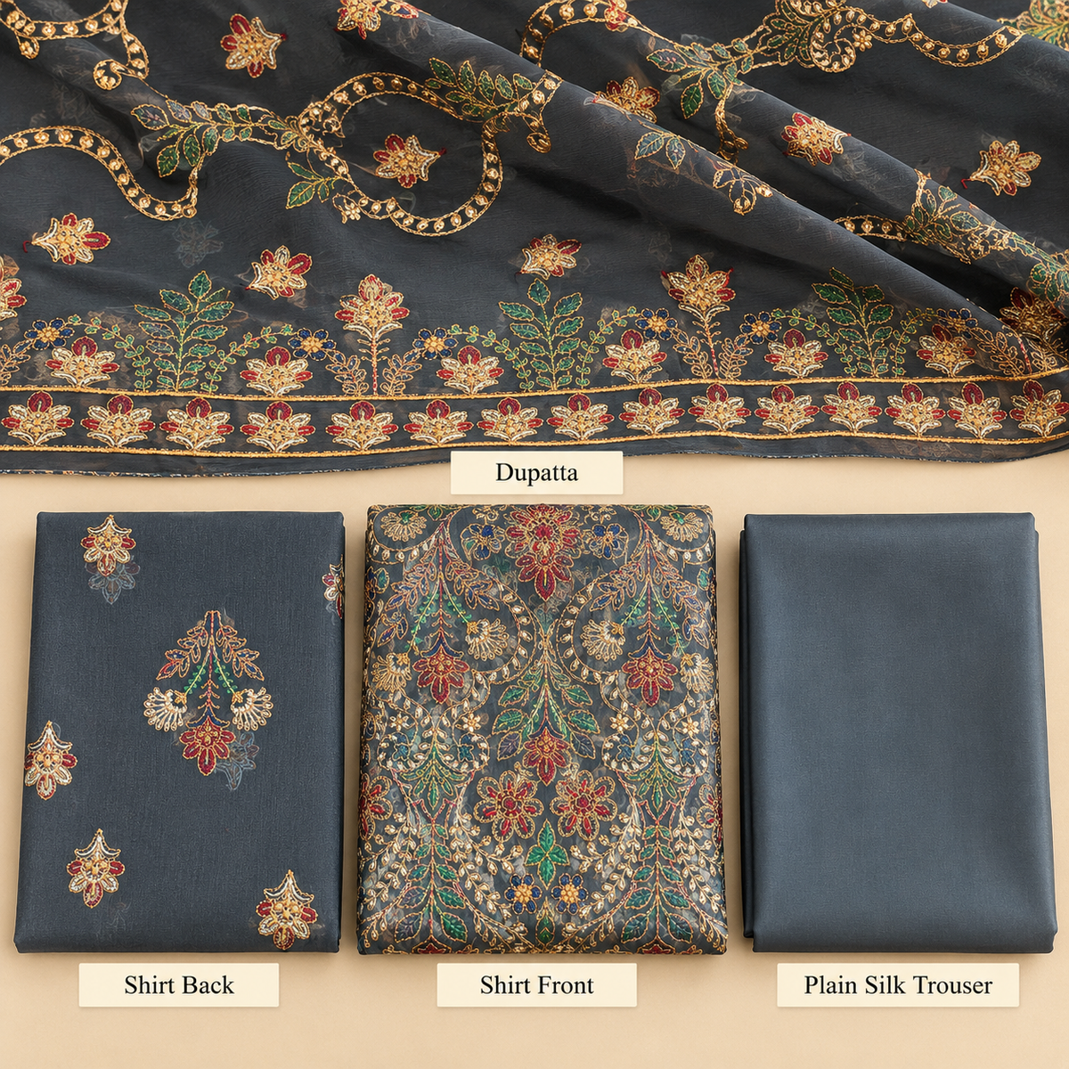 Charcoal Grey Multicolor Golden Floral Embroidered Chiffon 3 Piece Unstitched Suit