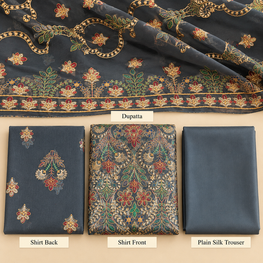 Charcoal Grey Multicolor Golden Floral Embroidered Chiffon 3 Piece Unstitched Suit