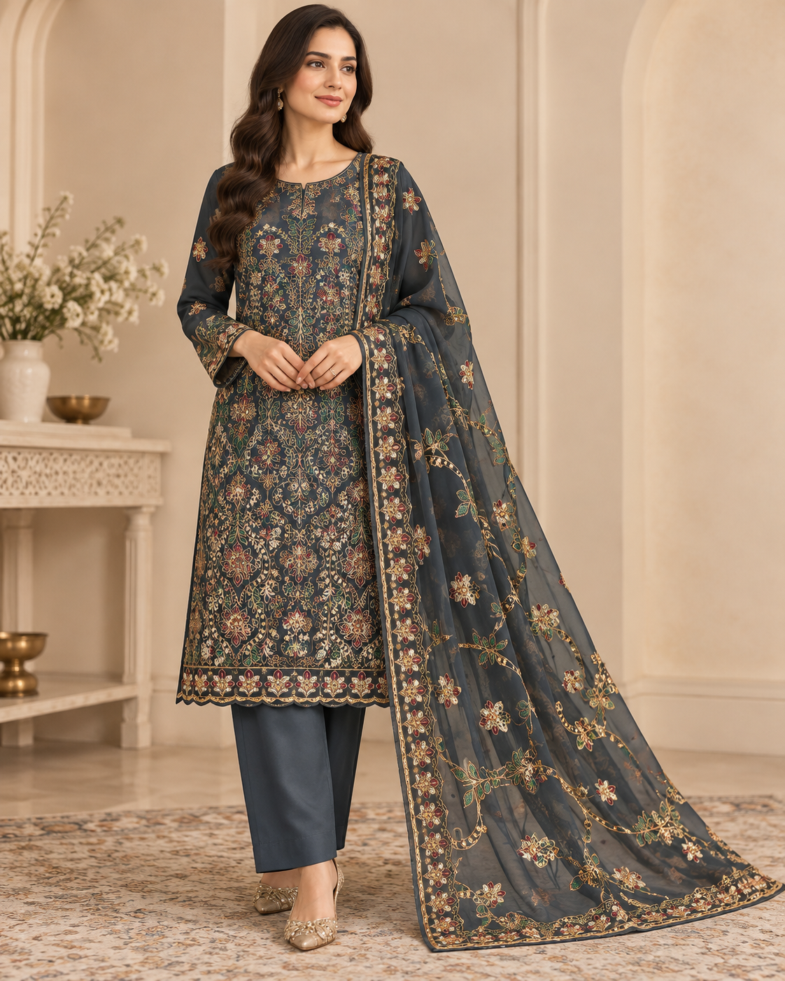 Charcoal Grey Multicolor Golden Floral Embroidered Chiffon 3 Piece Unstitched Suit