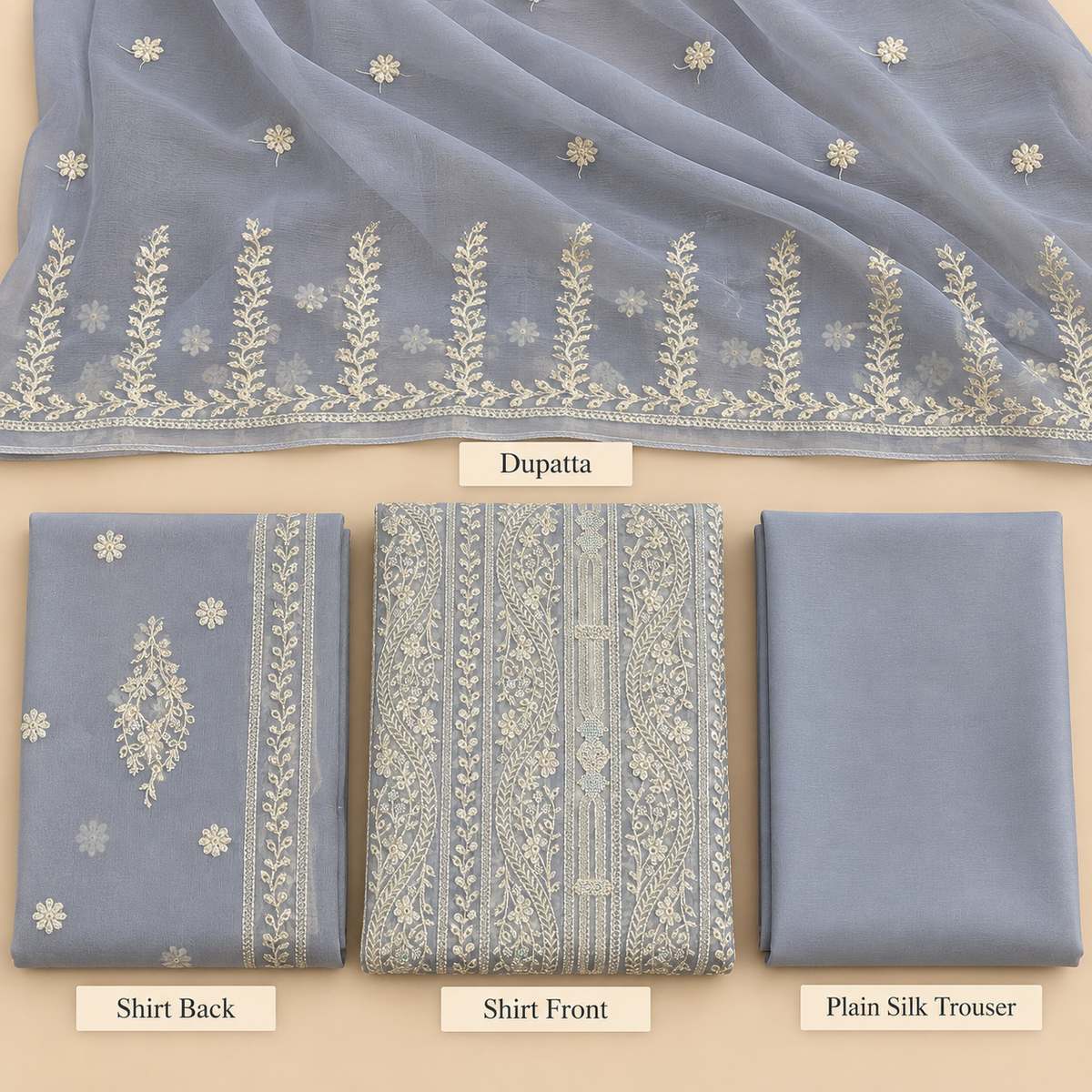 Dusty Blue Ivory Floral Embroidered Chiffon 3 Piece Unstitched Suit