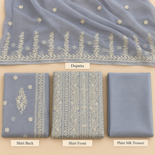 Dusty Blue Ivory Floral Embroidered Chiffon 3 Piece Unstitched Suit