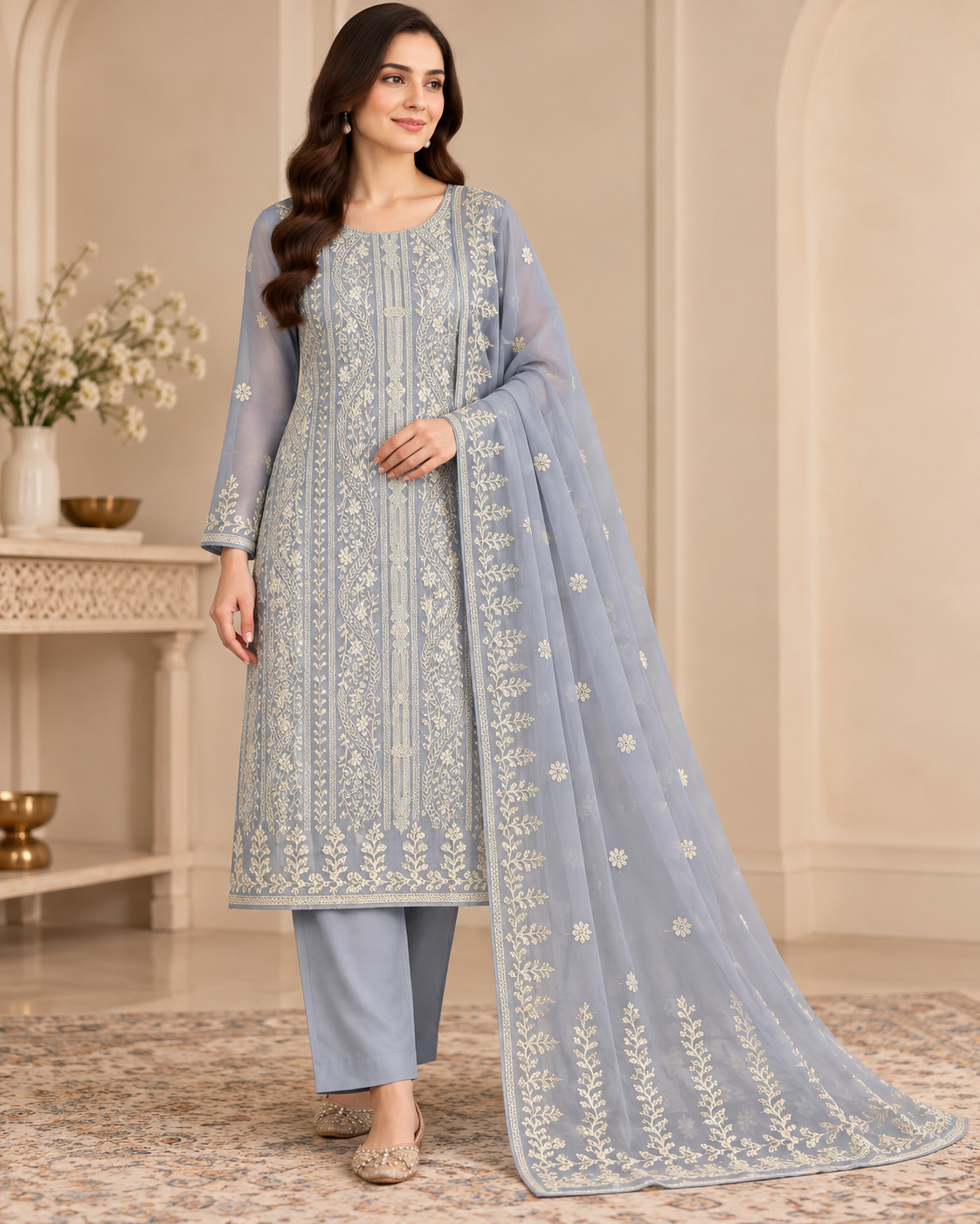 Dusty Blue Ivory Floral Embroidered Chiffon 3 Piece Unstitched Suit