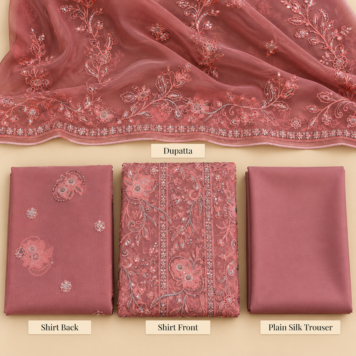 Dusty Rose Pink Silver Floral Embroidered Chiffon 3 Piece Unstitched Suit