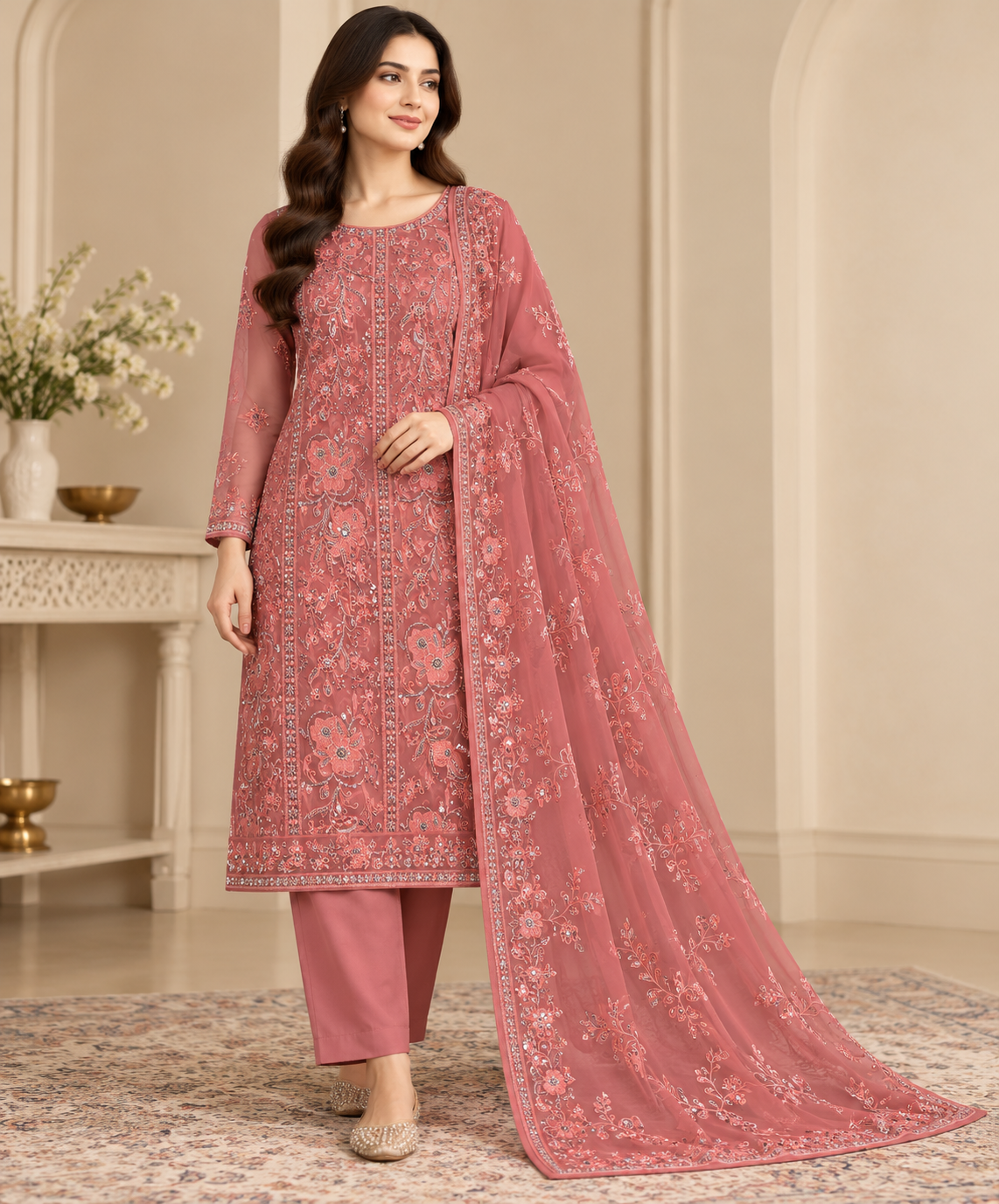 Dusty Rose Pink Silver Floral Embroidered Chiffon 3 Piece Unstitched Suit