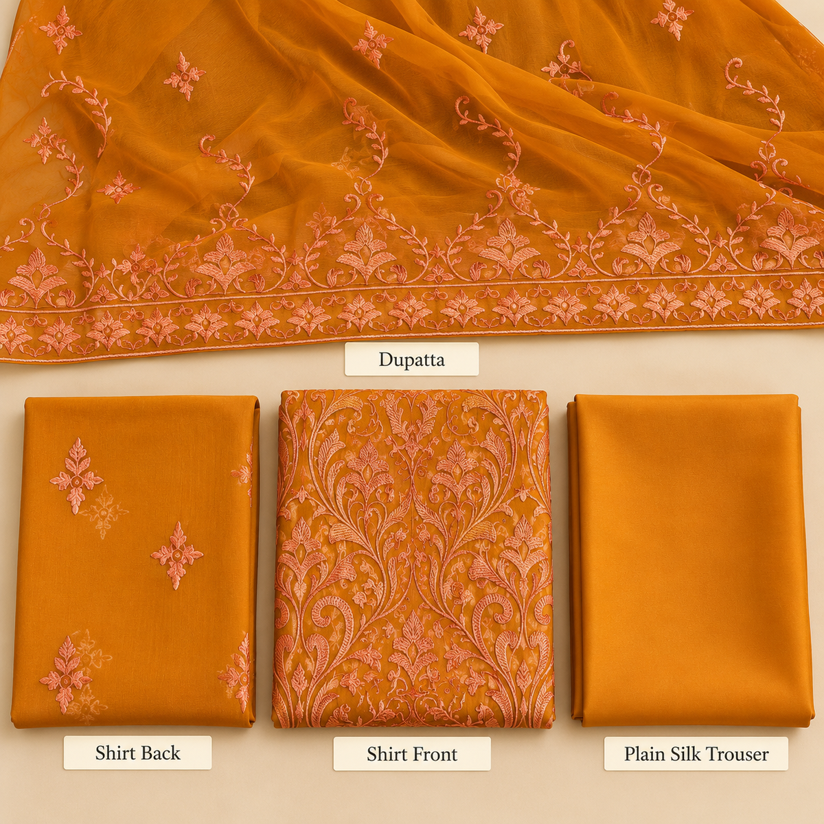 Mustard Orange Peach Floral Embroidered Chiffon 3 Piece Unstitched Suit