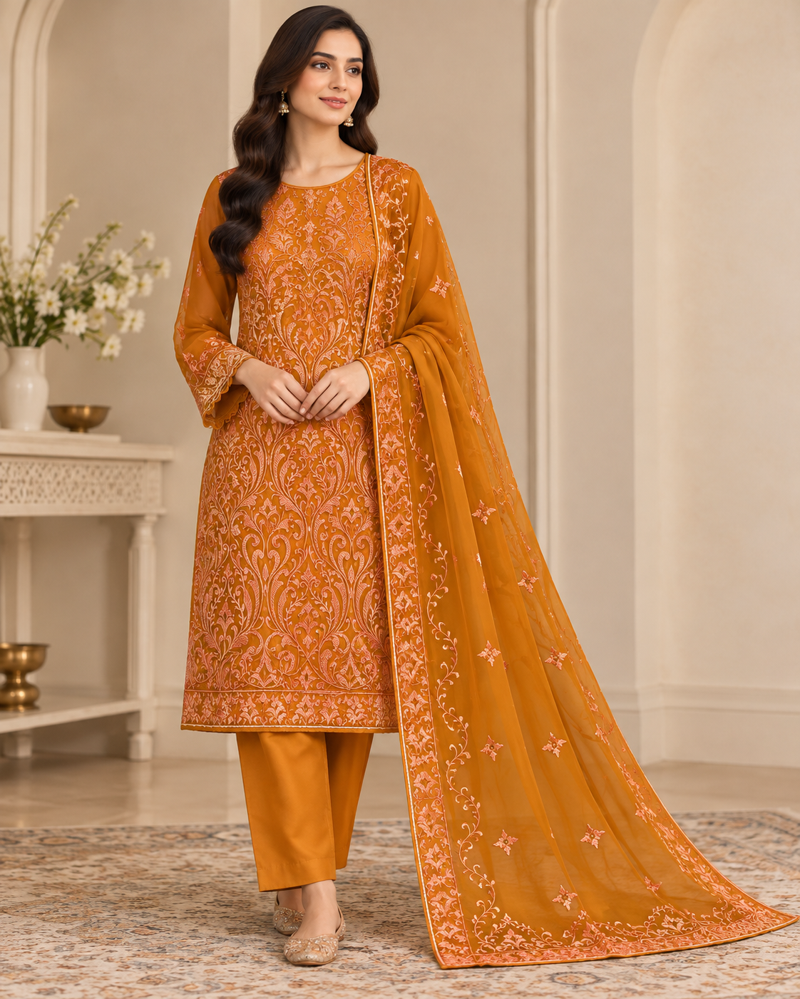 Mustard Orange Peach Floral Embroidered Chiffon 3 Piece Unstitched Suit