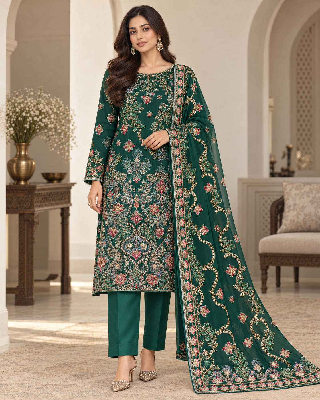 Emerald Green Multicolor Golden Floral Embroidered Chiffon 3 Piece Unstitched Suit