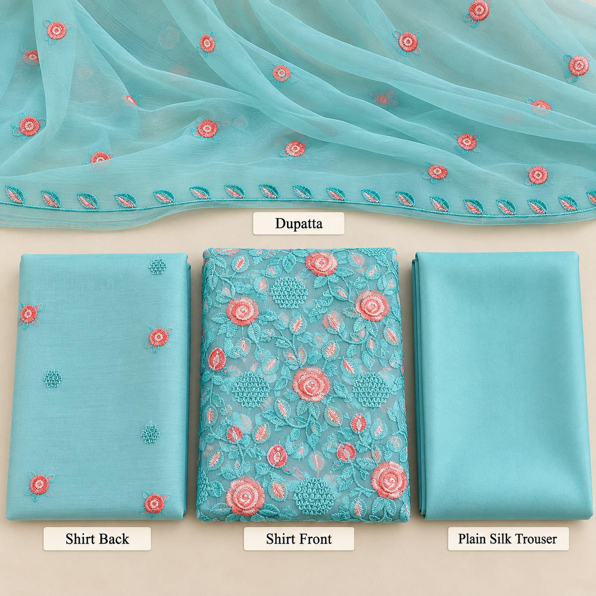 Aqua Blue Coral Pink Floral Embroidered Chiffon 3 Piece Unstitched Suit