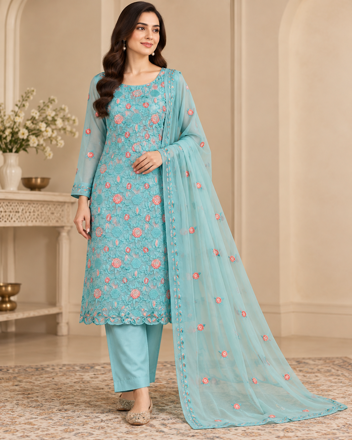 Aqua Blue Coral Pink Floral Embroidered Chiffon 3 Piece Unstitched Suit