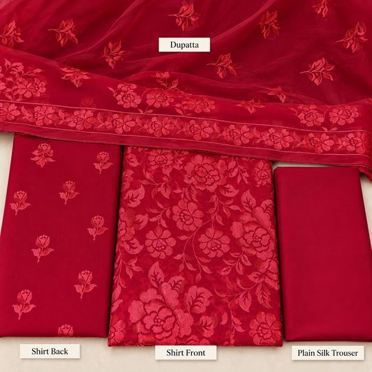 Deep Crimson Red Floral Embroidered Chiffon 3 Piece Unstitched Suit