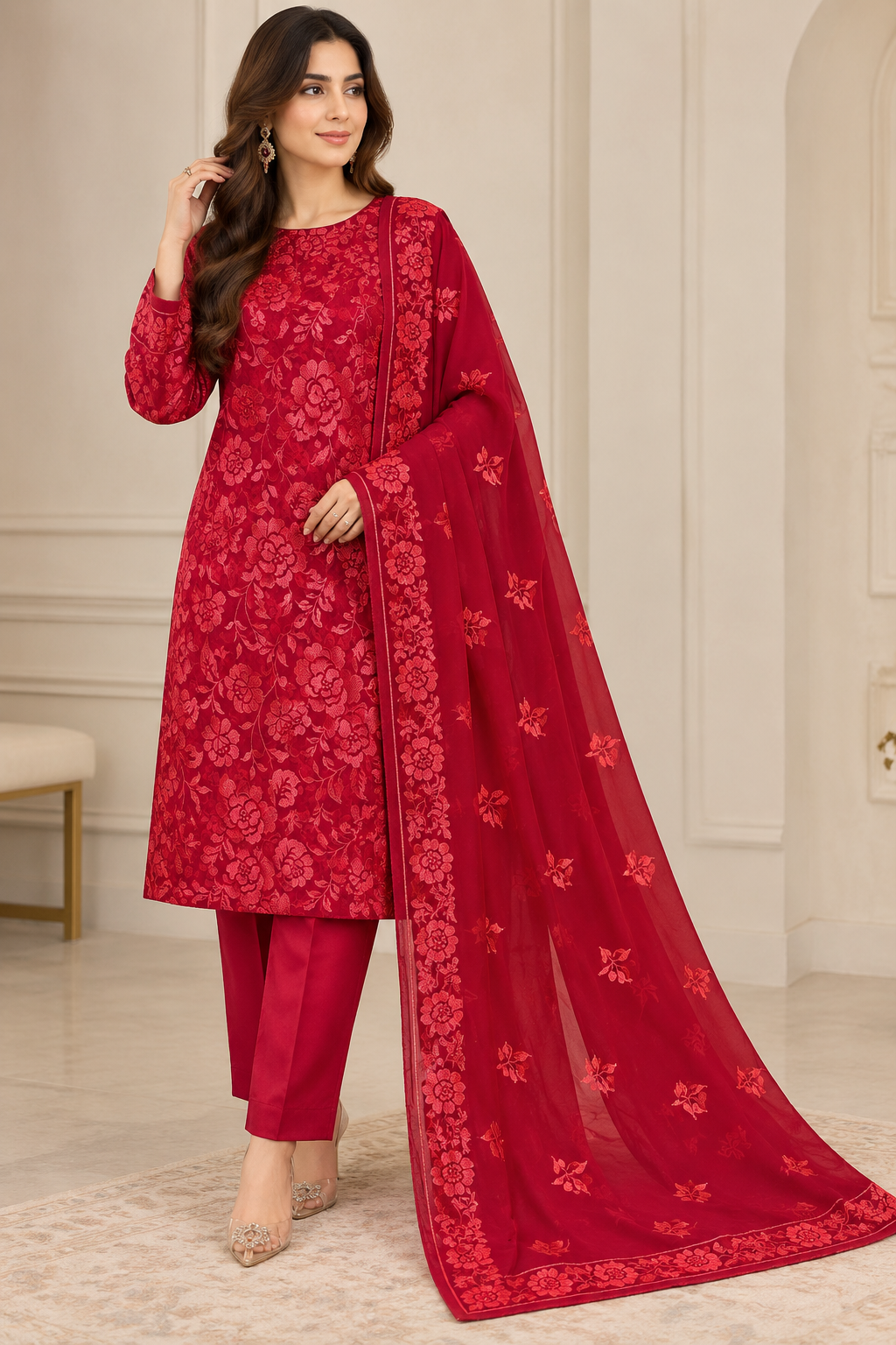 Deep Crimson Red Floral Embroidered Chiffon 3 Piece Unstitched Suit