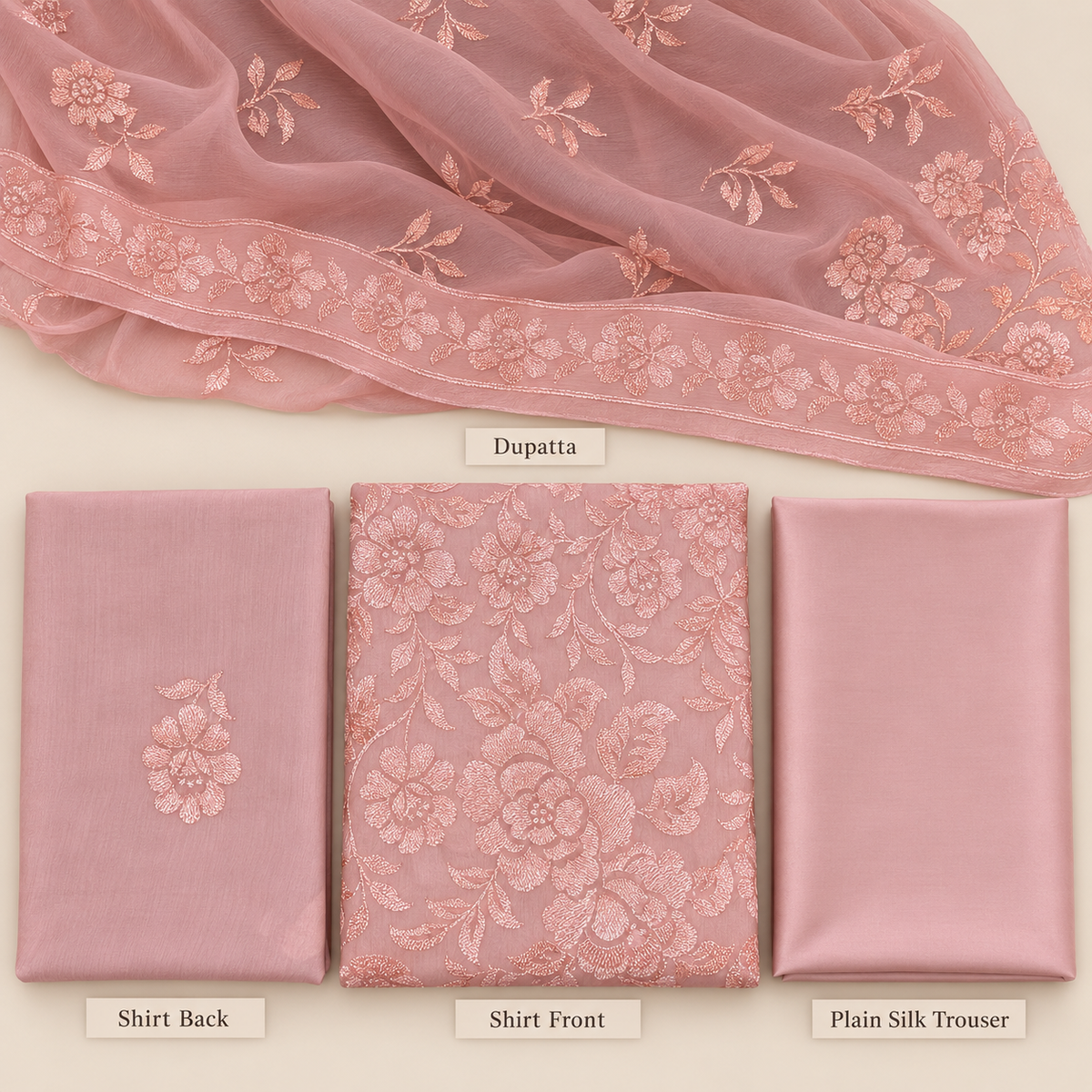 Dusty Pink Floral Embroidered Chiffon 3 Piece Unstitched Suit