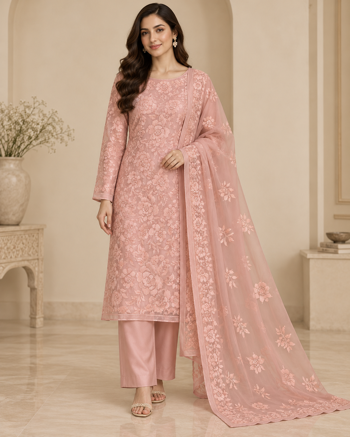 Dusty Pink Floral Embroidered Chiffon 3 Piece Unstitched Suit