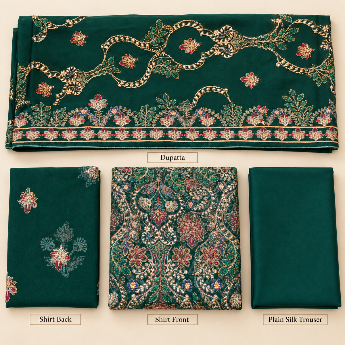 Emerald Green Multicolor Golden Floral Embroidered Chiffon 3 Piece Unstitched Suit