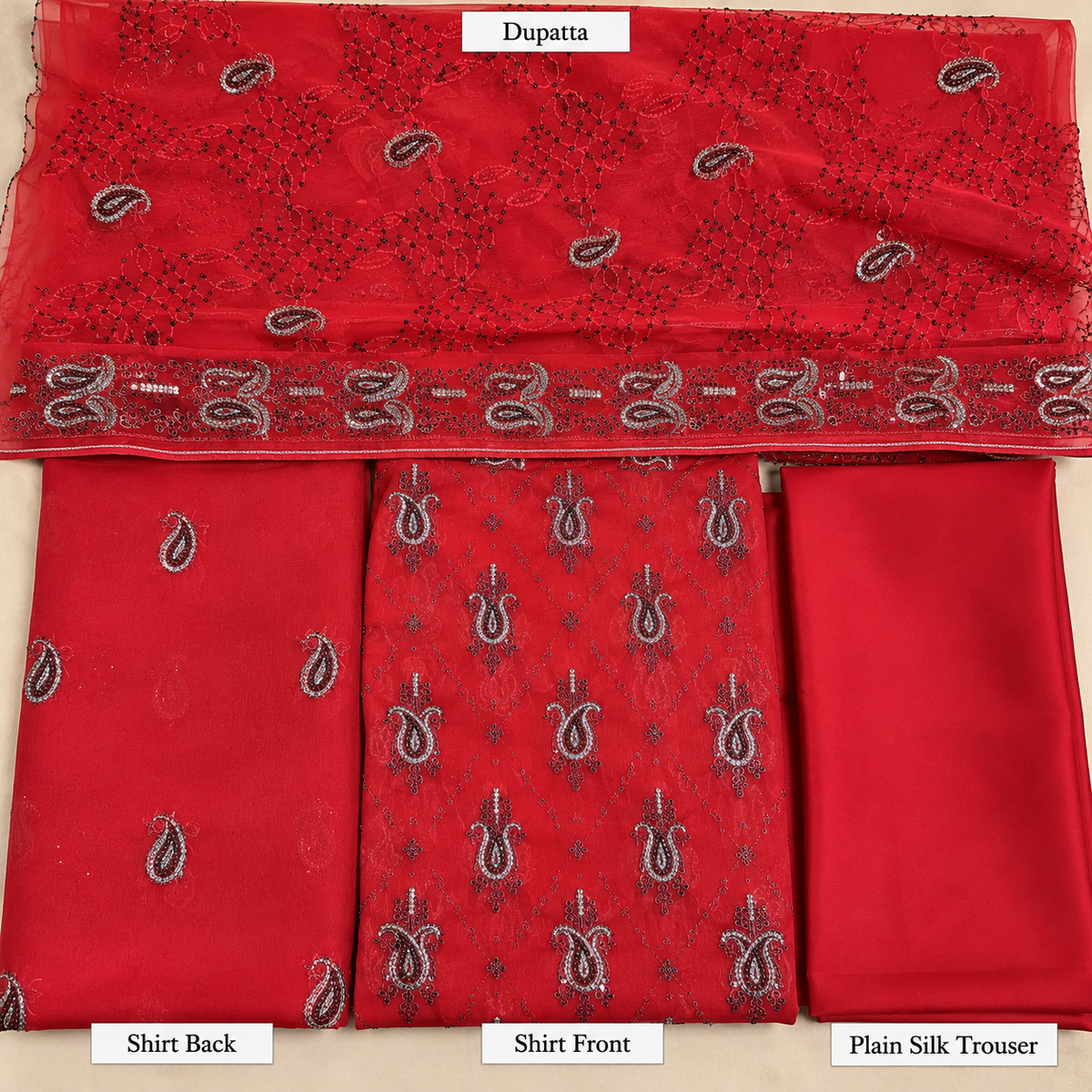 Deep Crimson Red Silver Paisley Embroidered Chiffon 3 Piece Unstitched Suit