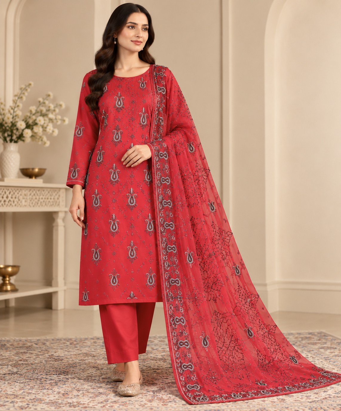 Deep Crimson Red Silver Paisley Embroidered Chiffon 3 Piece Unstitched Suit