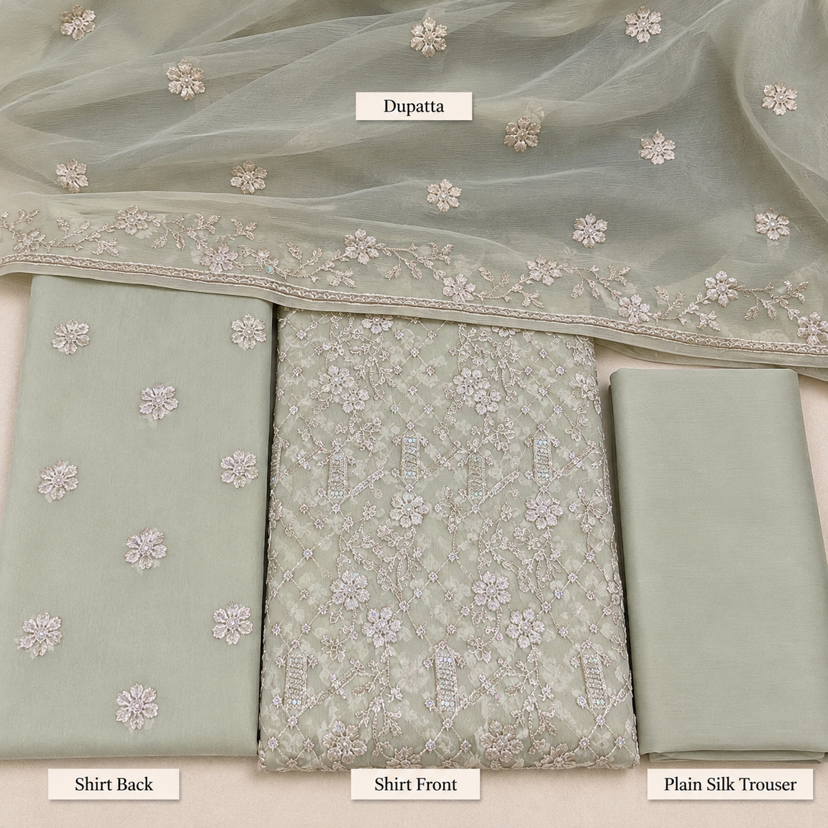 Soft Sage Green Silver Floral Embroidered Chiffon 3 Piece Unstitched Suit