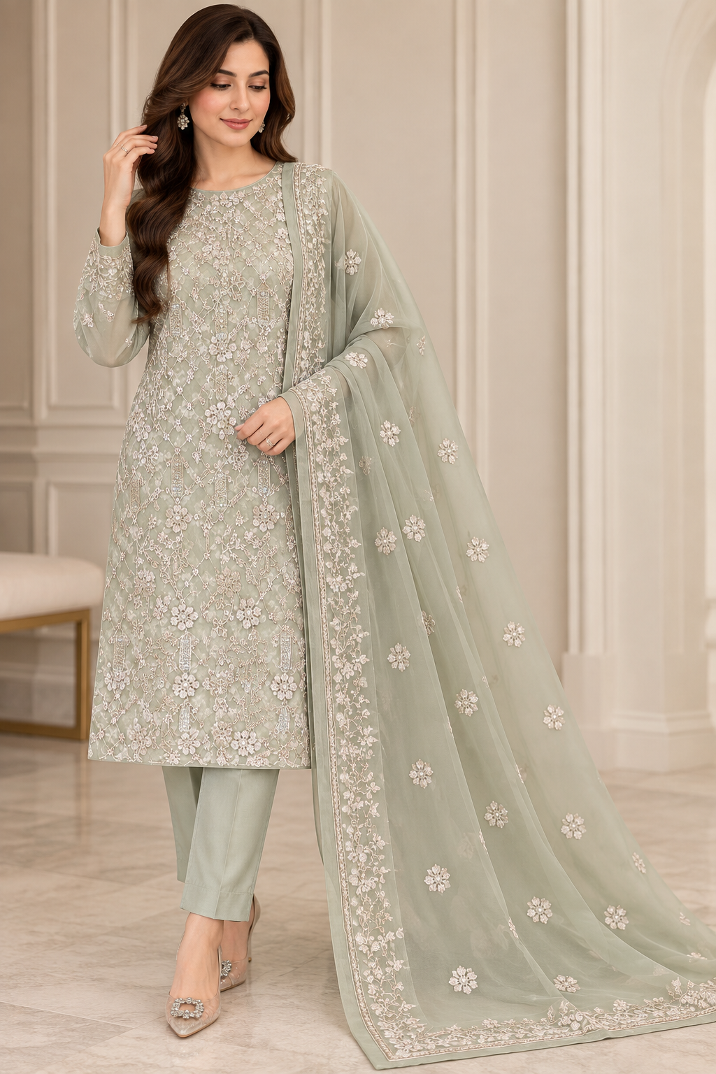 Soft Sage Green Silver Floral Embroidered Chiffon 3 Piece Unstitched Suit