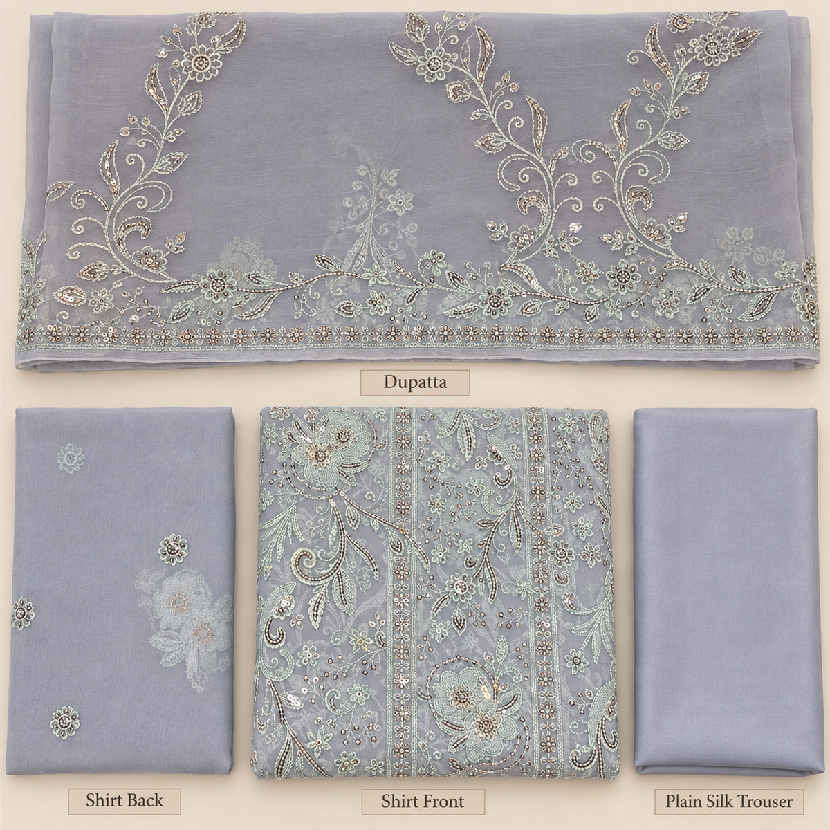 Dusty Lavender Silver Floral Embroidered Chiffon 3 Piece Unstitched Suit