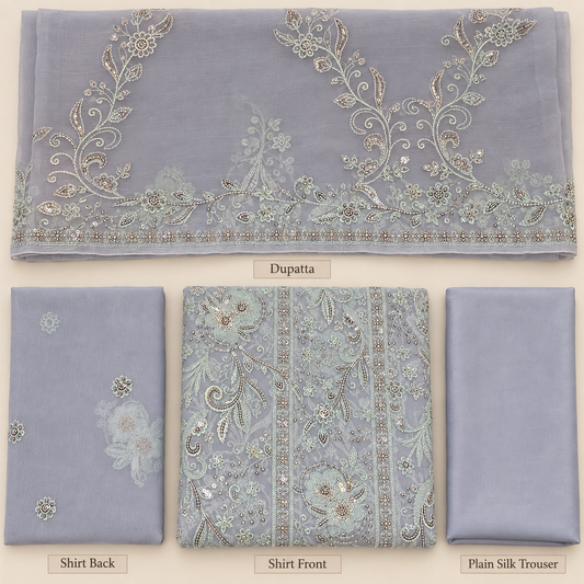 Dusty Lavender Silver Floral Embroidered Chiffon 3 Piece Unstitched Suit