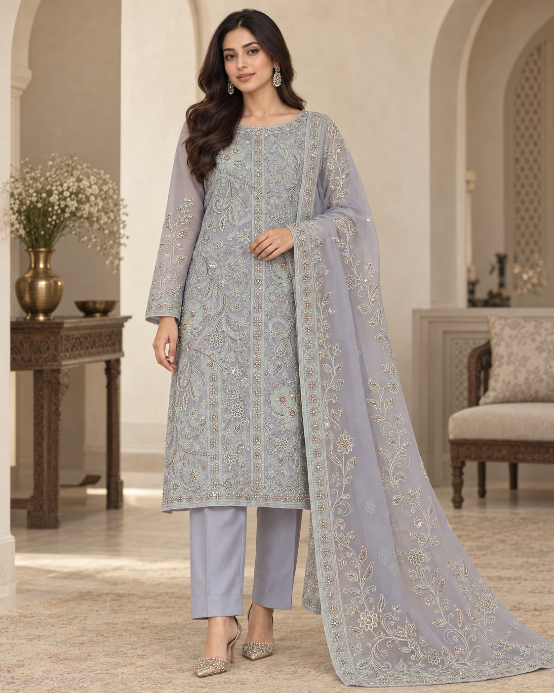 Dusty Lavender Silver Floral Embroidered Chiffon 3 Piece Unstitched Suit