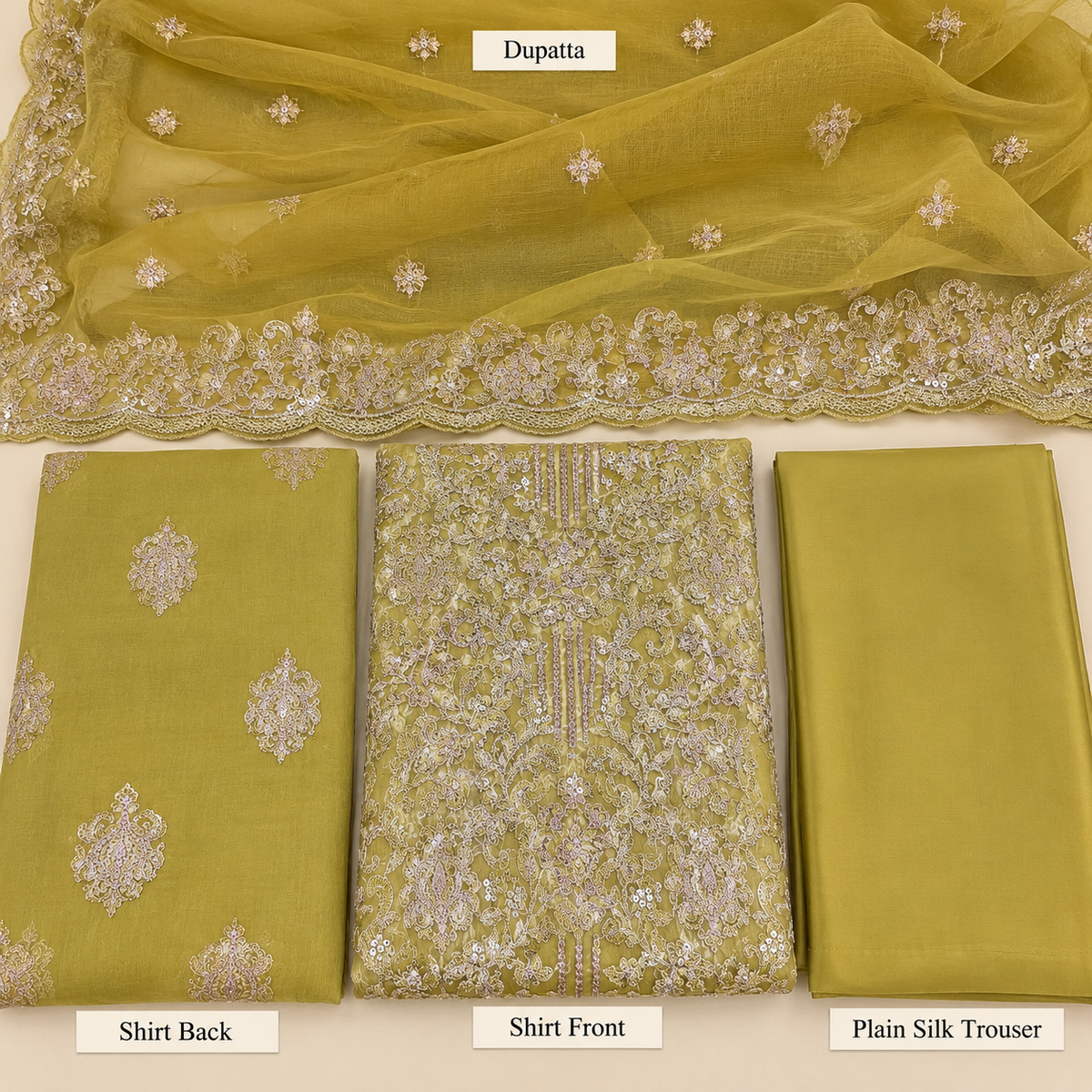 Mustard Gold Silver Floral Embroidered Chiffon 3 Piece Unstitched Suit