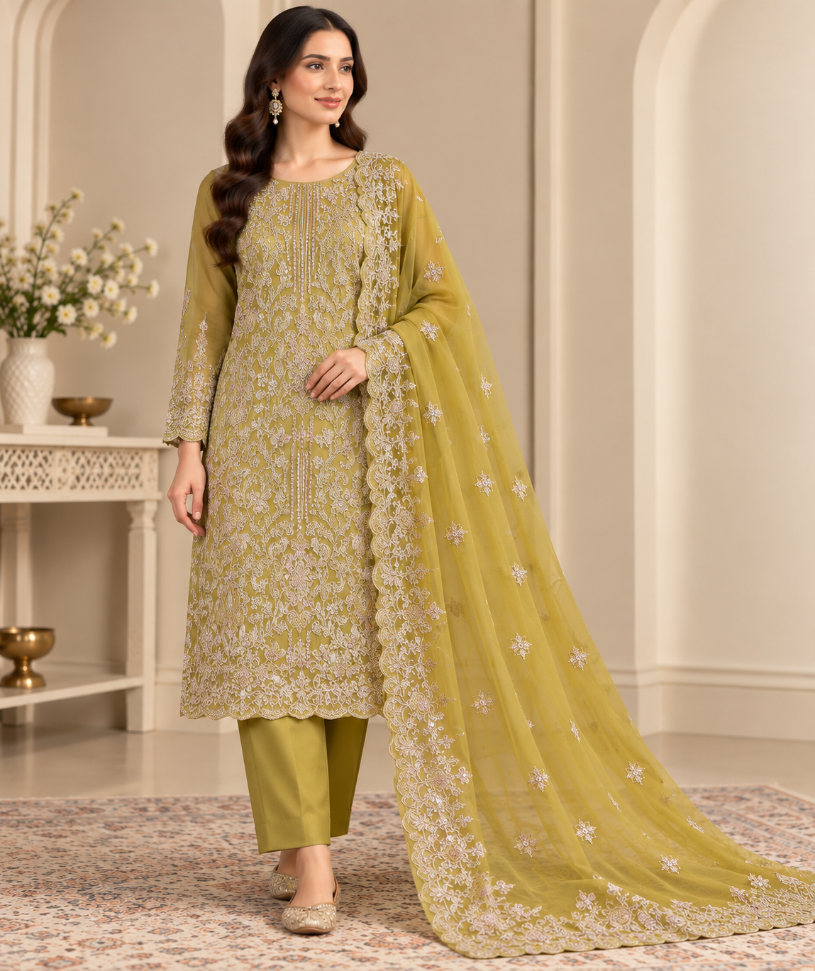 Mustard Gold Silver Floral Embroidered Chiffon 3 Piece Unstitched Suit